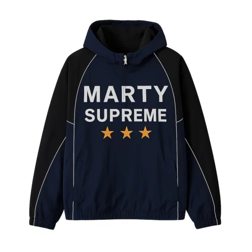 Timothée Chalamet Marty Navy Blue and Black Color Block Windbreaker Hoodie with Supreme Text and Orange Star Graphic