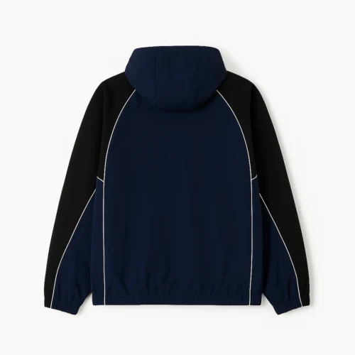 Timothée Chalamet Marty Navy Blue and Black Color Block Windbreaker Hoodie with Supreme Text and Orange Star Graphic